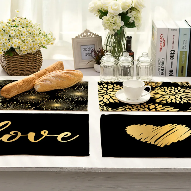 kitchen Placemat Black Cotton Linen Heart Love Table Mats Nordic Western Placemat Cup Mats Waterproof Drink Coaster