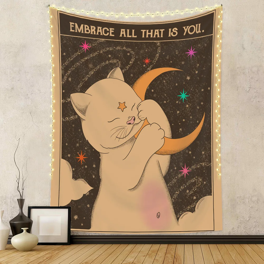 Kawaii Tarot Cat Cute Wall Hanging Tapestry Decorative Cat Paws Tarot Art Blanket Curtain Hanging Home Bedroom Living Room Decor