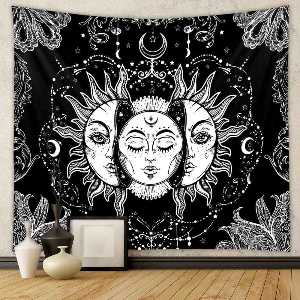 Black Tapestry Wall Hanging Psychedelic Sun Tarot Card Hippie Astrology Divination Witchcraft Background Wall Room Boho Decor