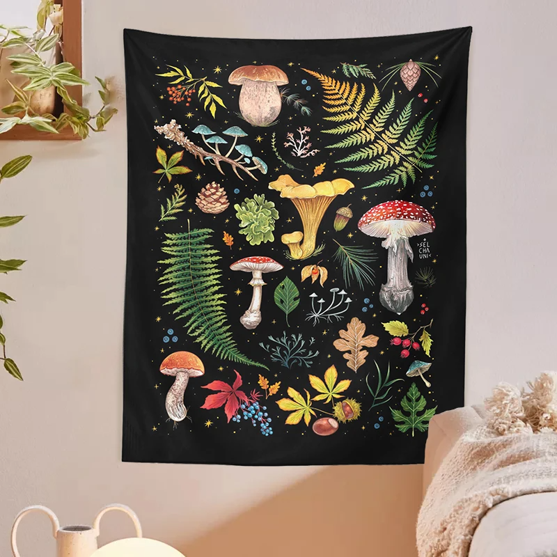 Mushroom Tapestry Botanical Wall Hanging Mushroom Chart Boho Vertical Aesthetic Tapestries for Bedroom Living Room Decor