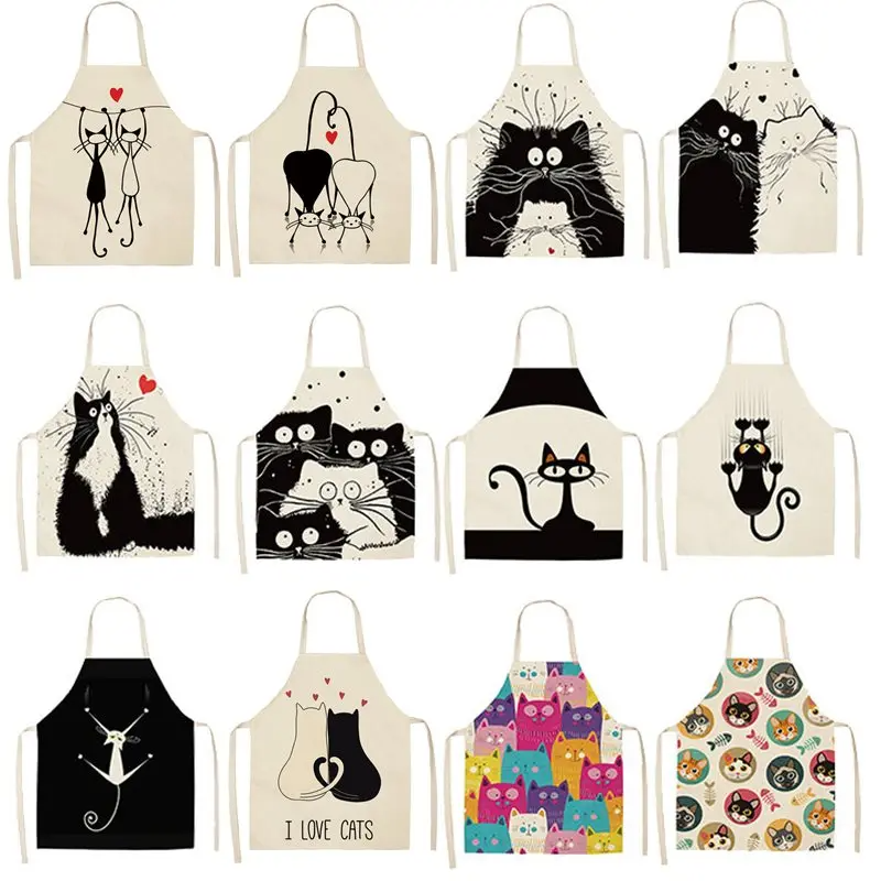 1Pc Kitchen Apron Cute Cartoon Cat Printed Sleeveless Cotton Linen Chef Aprons for Men Women Home Cleaning Tools