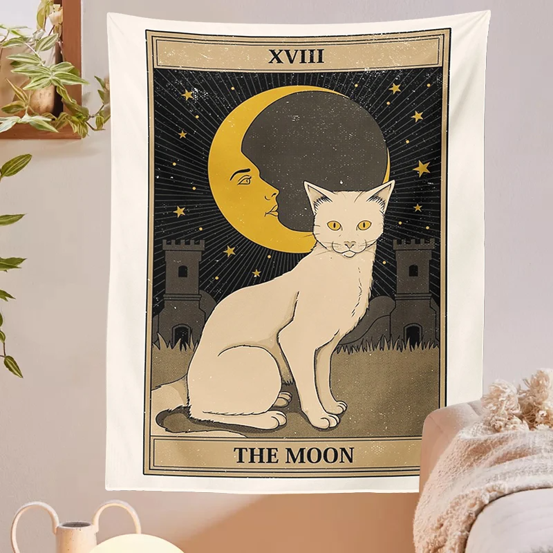 Cat Divination Witchcraft Tarot Card Tapestry Wall Hanging Tapestries Baphomet Occult Home Wall Moon phase Mat Decor Cat Coven