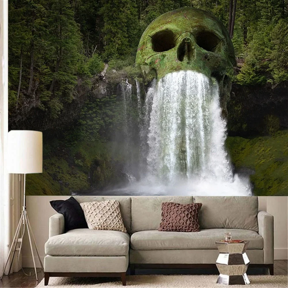 Natural Skull Head Water Spray Waterfall 3D Printing Tapestry Wall Home Decoration Wall Background Cloth