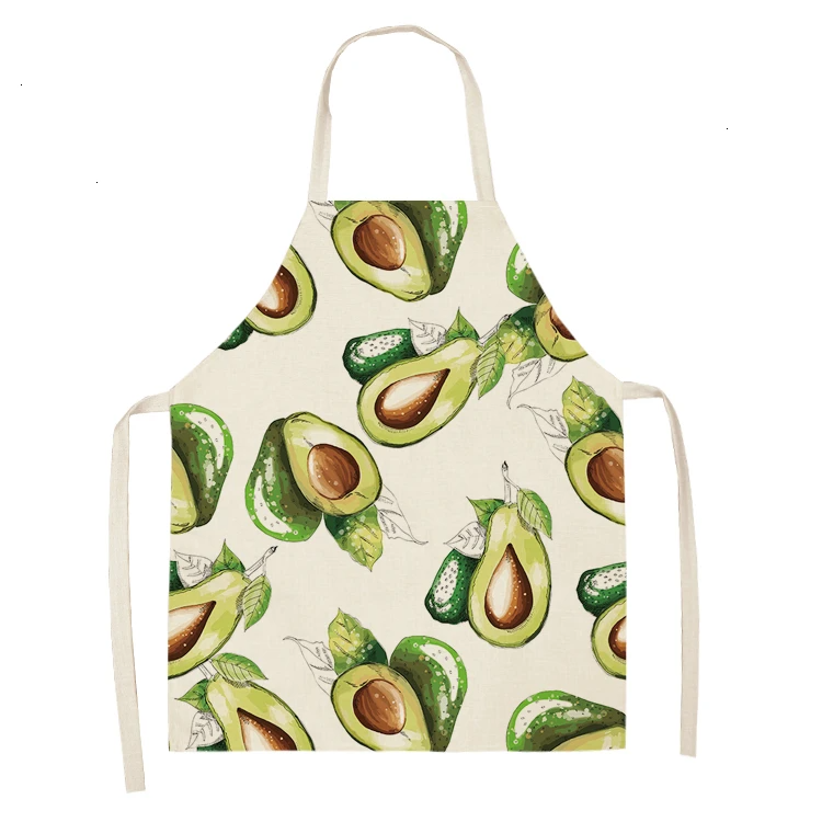 1PC Cotton Linen Apron Avocado Printed Kitchen Women Baking Waist Bib Home Cooking Brief Sleeveless Pinafore