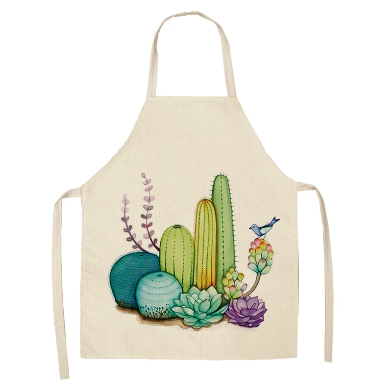 1Pc Tropical Plants Cactus Kitchen Chef Apron for Women Home Cooking Baking Coffee Shop Cotton Linen Cleaning Aprons