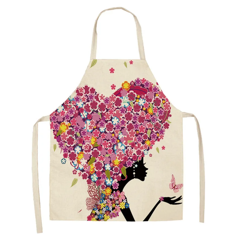 1Pc Cotton Linen Flower Butterfly Girl Printed Kitchen Aprons for Women Home Cooking Baking Waist Bib Pinafore