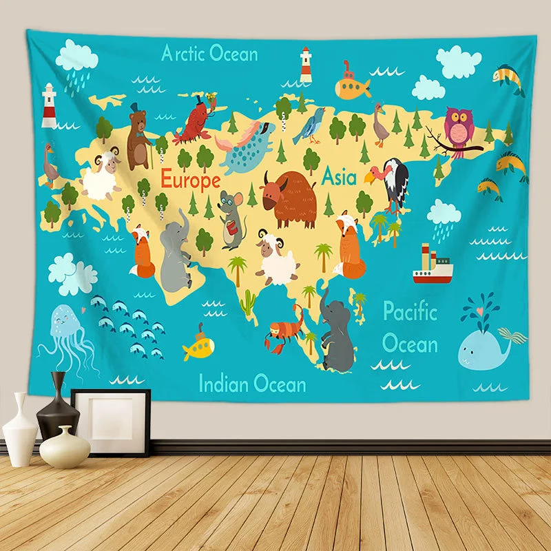 Animals World Map Tapestry Wall Hanging Large Kids Educational Landmarks World Map Tapestry Kindergarten Children's Room Decor