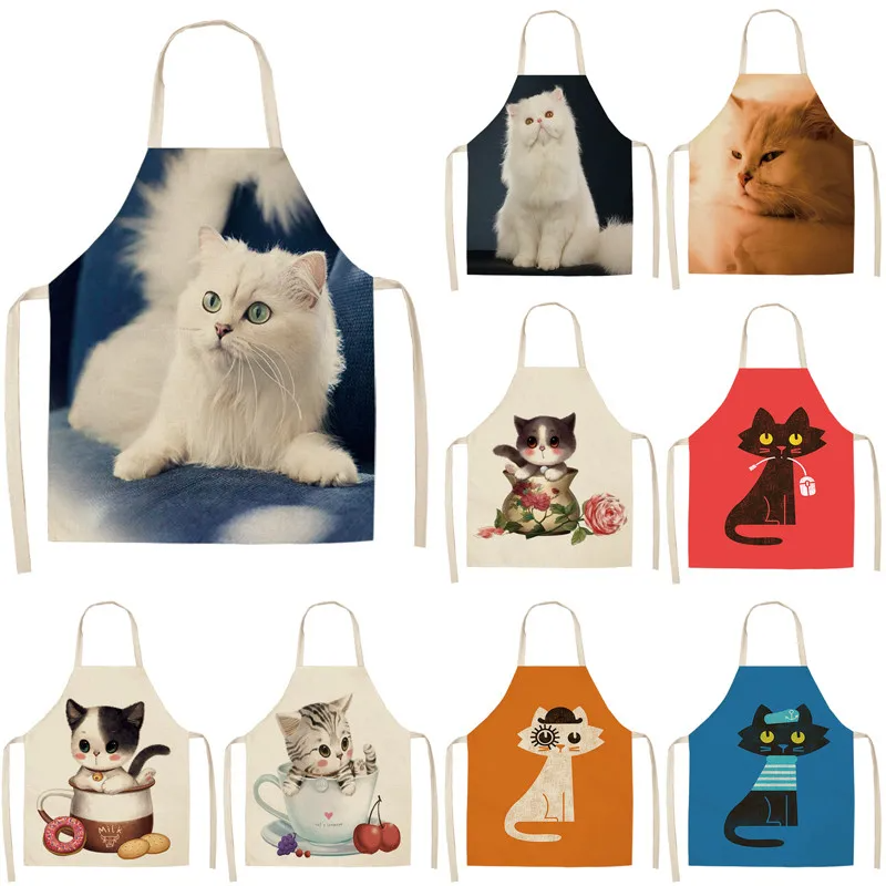 Chef Kitchen Apron for Woman Cute Cartoon Cat Printed Sleeveless Cotton Linen Aprons For Cooking Home Cleaning Tools