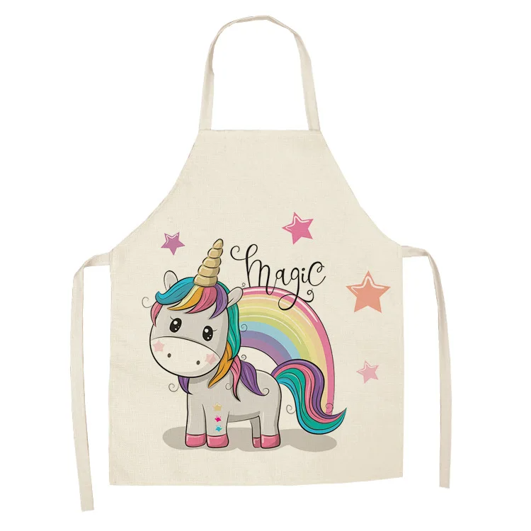 Parent-child Kitchen Apron Cartoon Rainbow Unicorn Printed Sleeveless Cotton Linen Aprons for Men Women Home Cleaning Tools