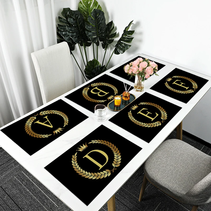 Home Decor Black Gold Letter Printing Linen Placemat for Dining Table Drink Coaster Home Decoration Modern Kitchen Cup Pads