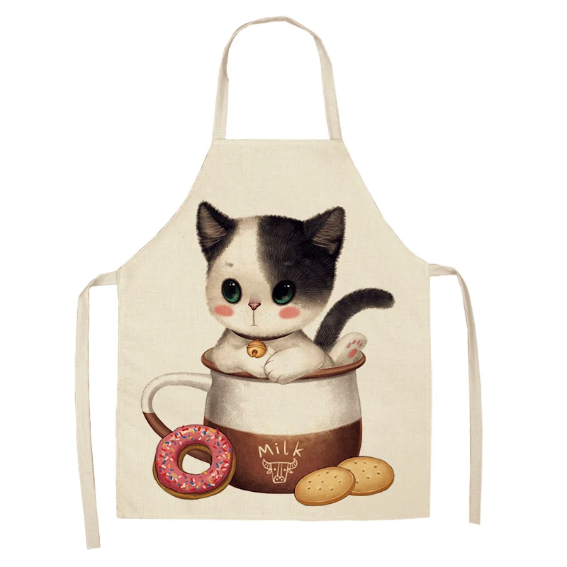Chef Kitchen Apron for Woman Cute Cartoon Cat Printed Sleeveless Cotton Linen Aprons For Cooking Home Cleaning Tools