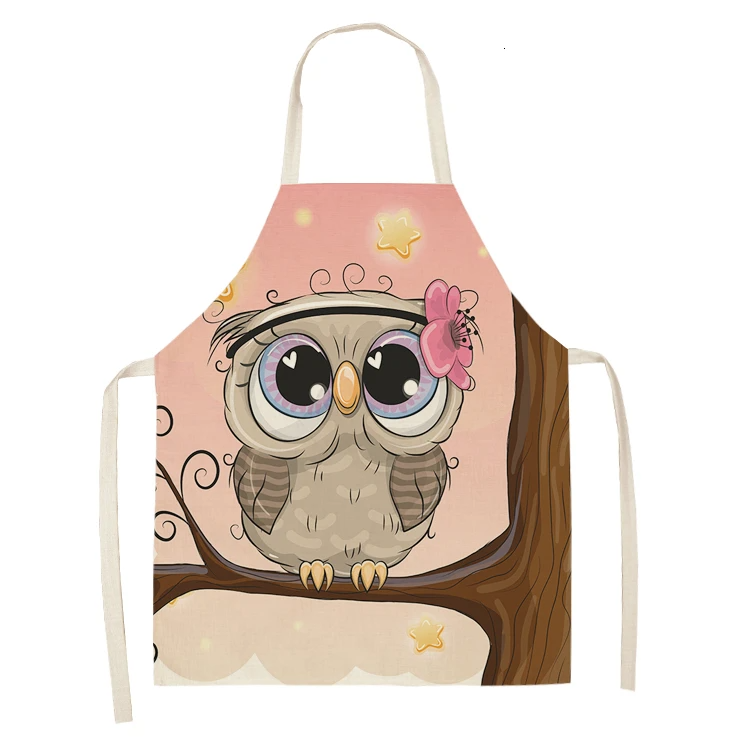 1Pcs Owl Sleeveless Chef Apron Cotton Linen Flower Printed Kitchen Brief Pinafore Women Home Cooking Baking Waist Bib