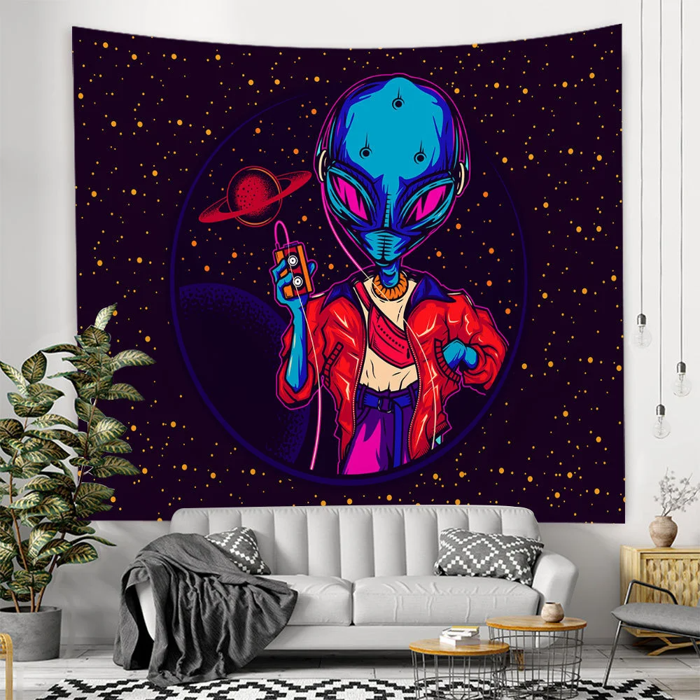 Alien Black Tapestry Cartoon Illustration Hippie Art Mushroom Eye Wall Hanging Tapestries for Living Room Home Dorm Decor Cloth