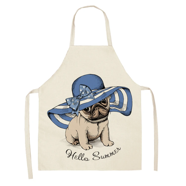 Cute Dog Pug Pattern Cotton Linen Sleeveless Chef Apron Kitchen Aprons Women Home Cooking Baking Waist Bib Pinafore