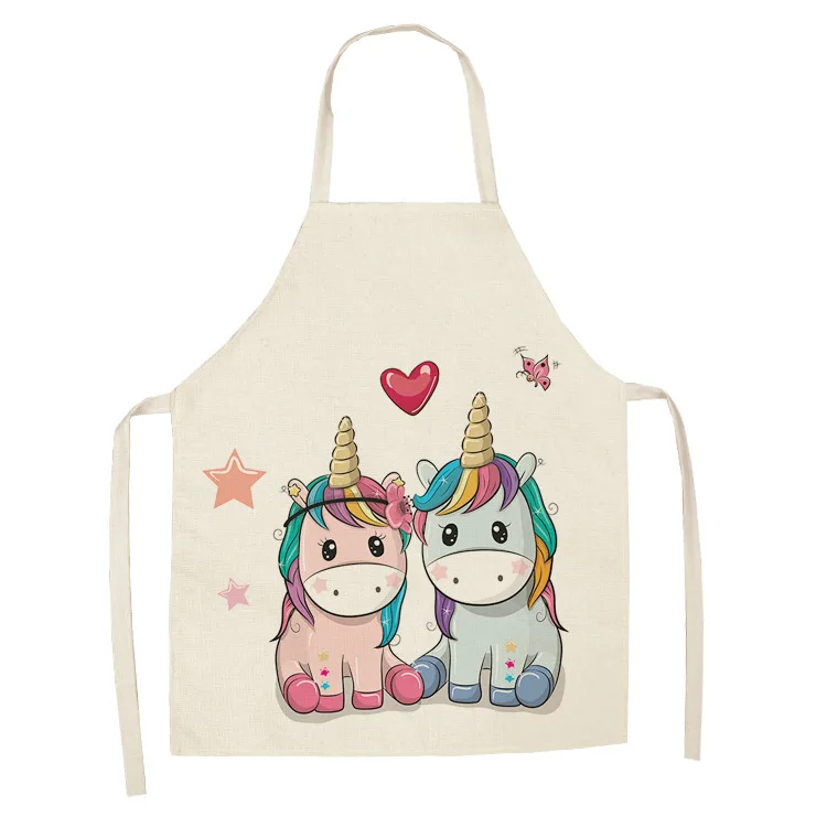 Parent-child Kitchen Apron Cartoon Rainbow Unicorn Printed Sleeveless Cotton Linen Aprons for Men Women Home Cleaning Tools