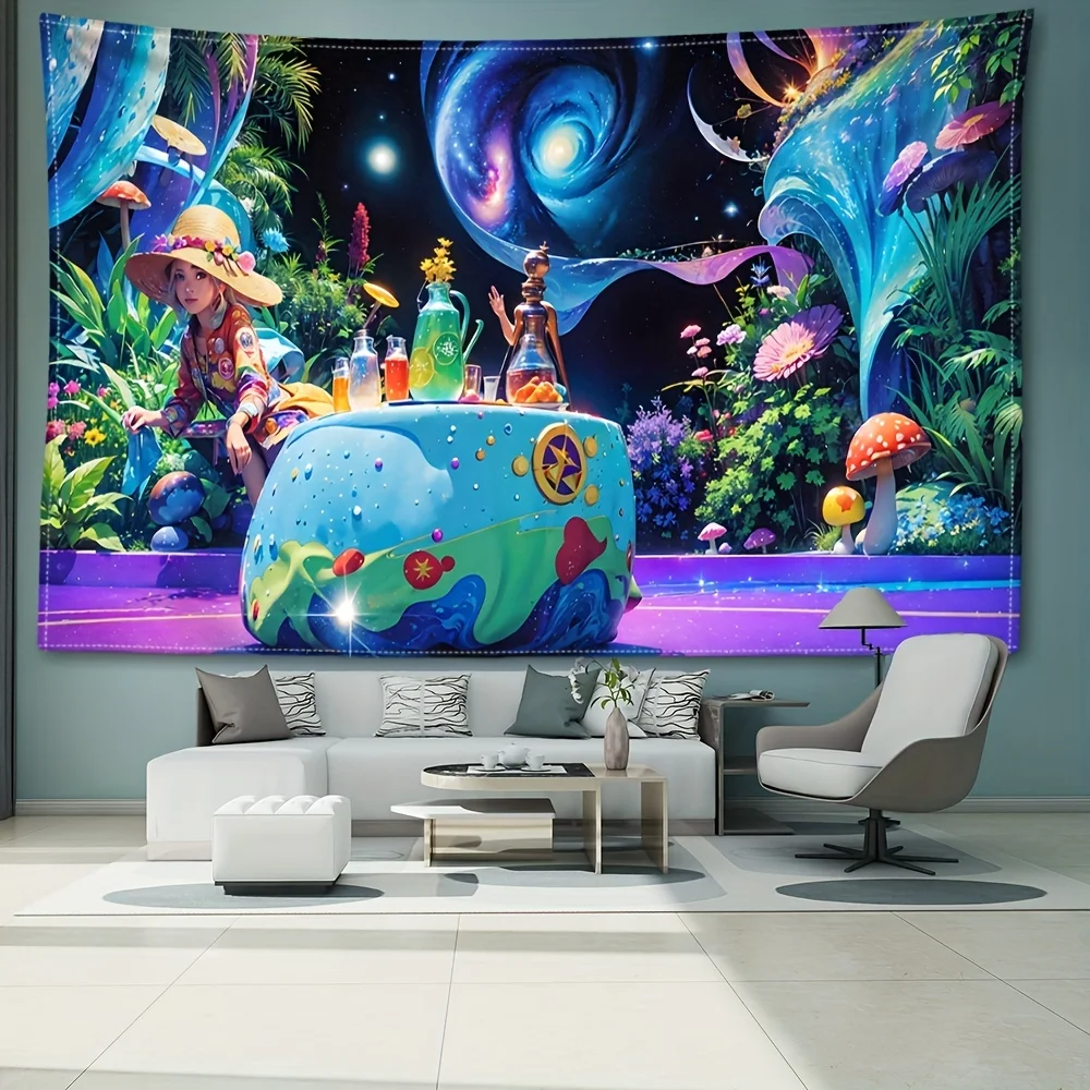 1pc Mystical Mushroom Forest Tapestry for Bedroom and Living Room Decor - Bohemian Cartoon Wall Hanging with Wizardry Design