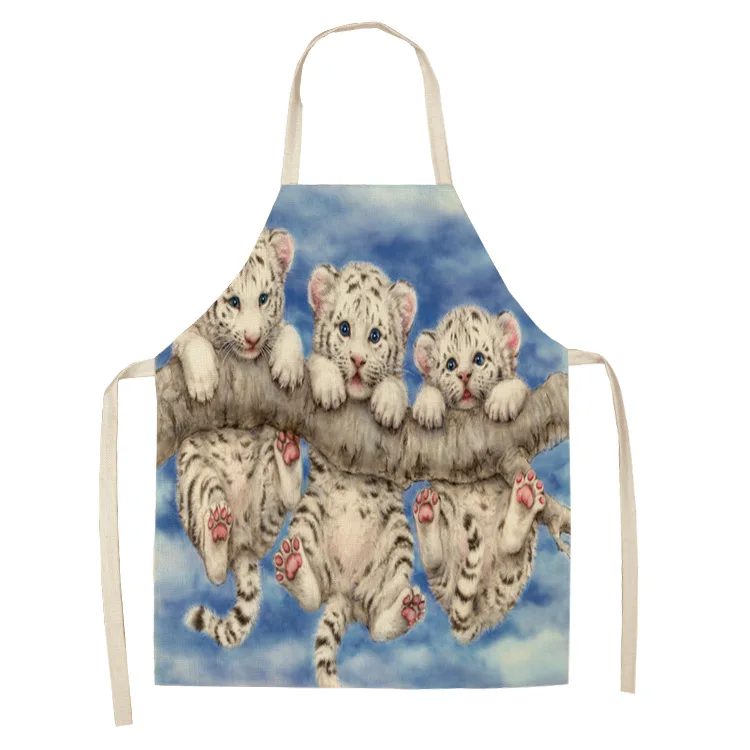 Parent-child Kitchen Apron Cartoon Cat/Panda/Tiger Printed Sleeveless Cotton Linen Aprons for Men Women Home Cleaning Tools