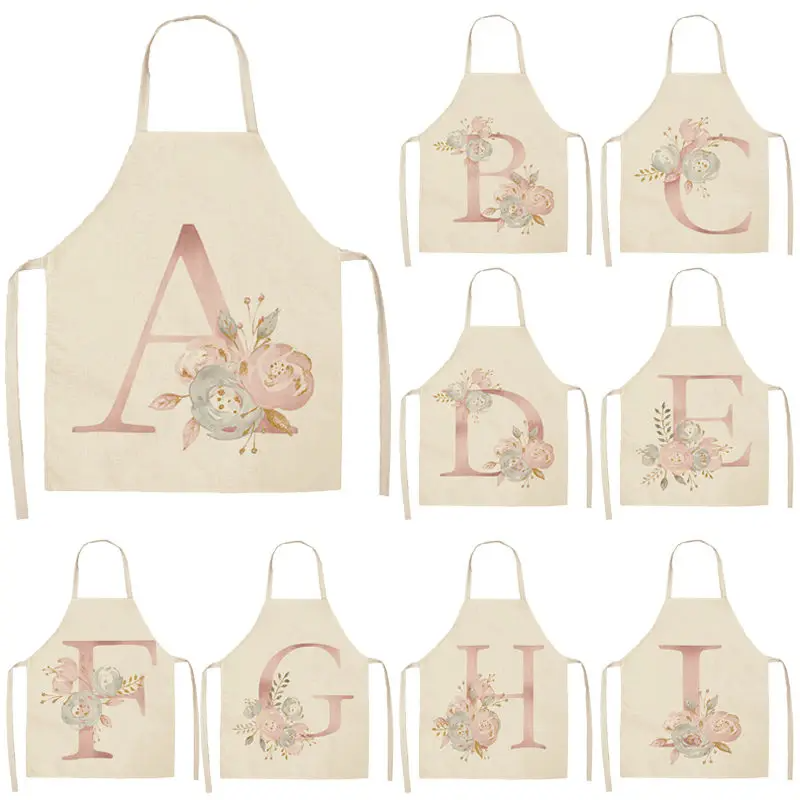 1Pc Pink Letter Flower Cotton Linen Chef Aprons Home Cooking Baking Coffee Shop Cleaning Apron Kitchen Accessories