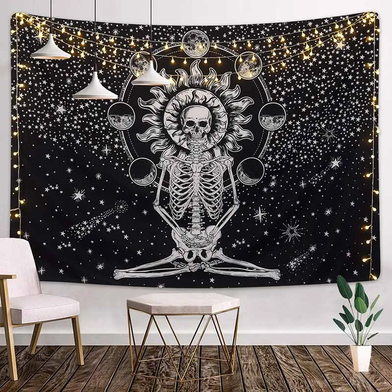 Sun Moon Black Skull Tapestry Wall Hanging Ancient Wall Tapestry Witchcraft Hippie Tapestry Wall Carpets Psychedelic Tapestry
