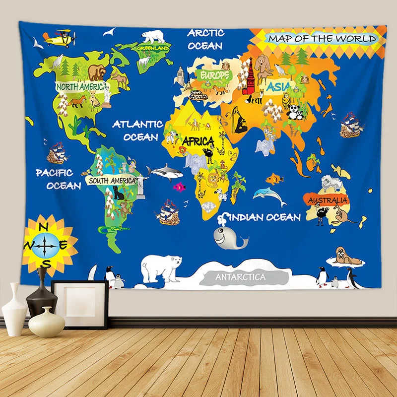 Animals World Map Tapestry Wall Hanging Large Kids Educational Landmarks World Map Tapestry Kindergarten Children's Room Decor