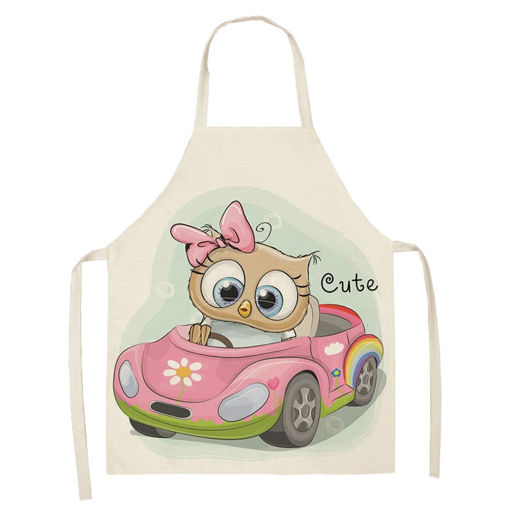1Pcs Owl Sleeveless Chef Apron Cotton Linen Flower Printed Kitchen Brief Pinafore Women Home Cooking Baking Waist Bib
