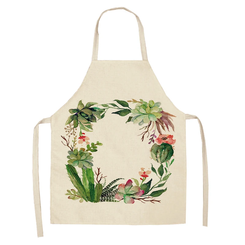 1Pc Tropical Plants Cactus Kitchen Chef Apron for Women Home Cooking Baking Coffee Shop Cotton Linen Cleaning Aprons
