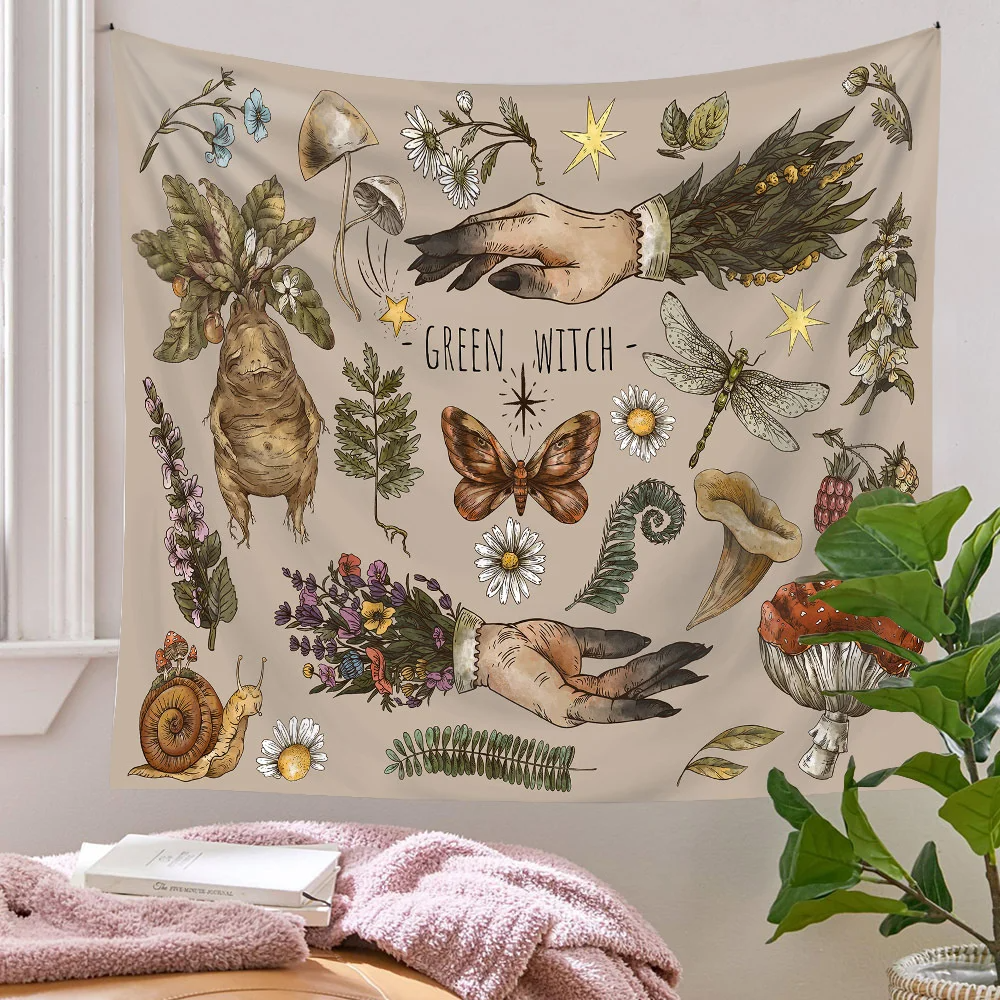 Botanical Print Floral Tapestry Wall Hanging Mushroom Tapestry Vintage Boho Wildflower Vegetable Tapestry Colorful Home Decor