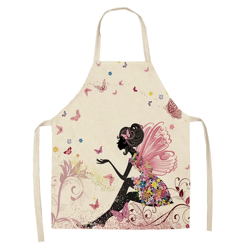1Pc Cotton Linen Flower Butterfly Girl Printed Kitchen Aprons for Women Home Cooking Baking Waist Bib Pinafore