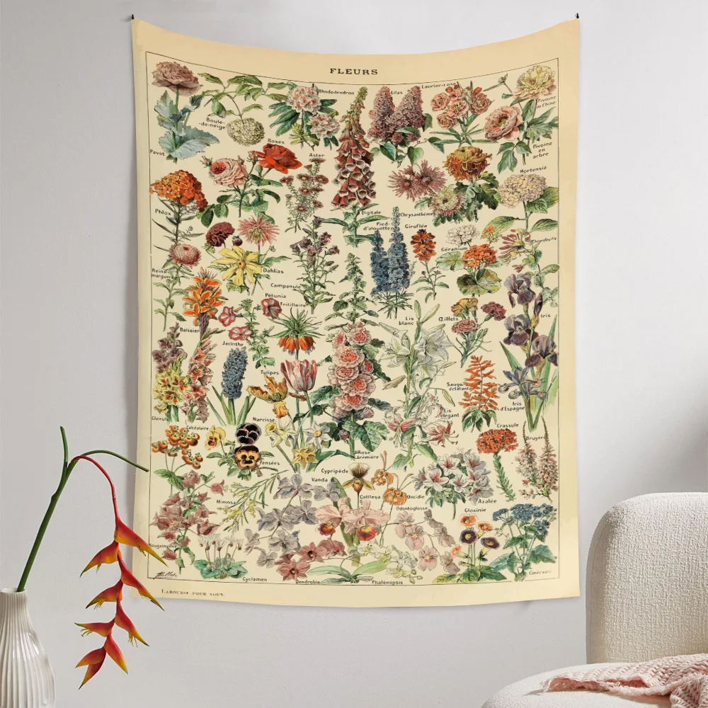 Botanical Print Floral Tapestry Wall Hanging Mushroom Tapestry Vintage Boho Wildflower Vegetable Tapestry Colorful Home Decor