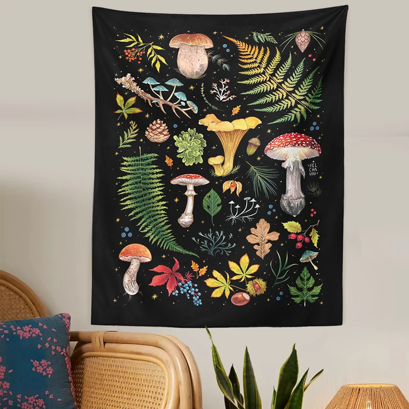 Mushroom Tapestry Botanical Wall Hanging Mushroom Chart Boho Vertical Aesthetic Tapestries for Bedroom Living Room Decor