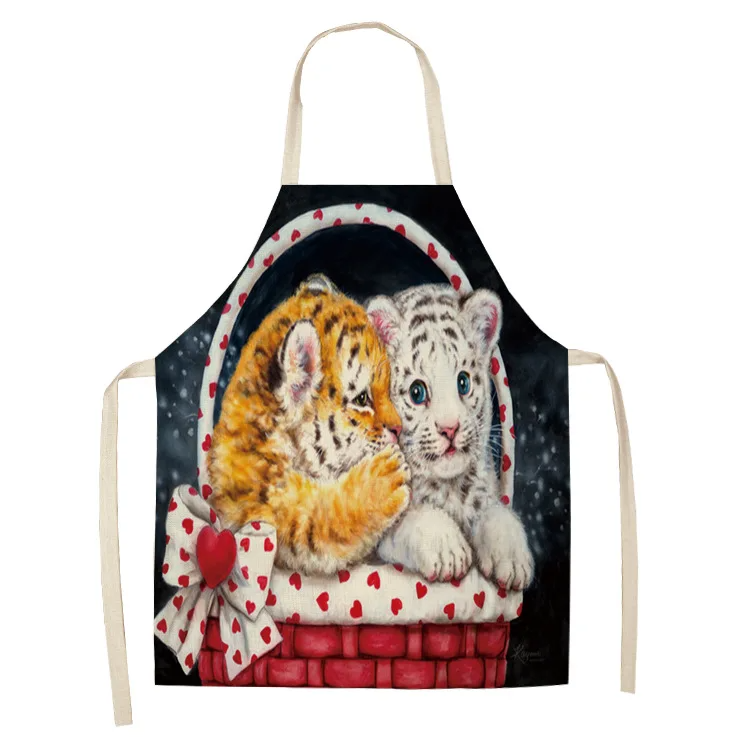 Parent-child Kitchen Apron Cartoon Cat/Panda/Tiger Printed Sleeveless Cotton Linen Aprons for Men Women Home Cleaning Tools