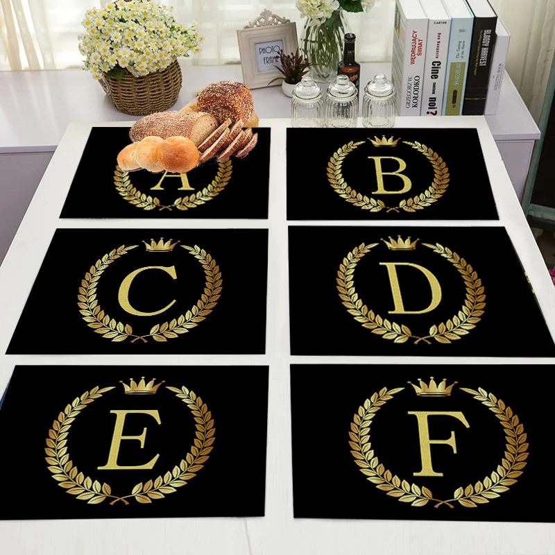 Home Decor Black Gold Letter Printing Linen Placemat for Dining Table Drink Coaster Home Decoration Modern Kitchen Cup Pads