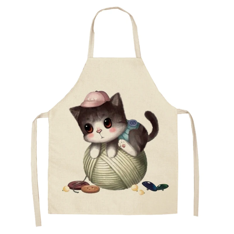 Chef Kitchen Apron for Woman Cute Cartoon Cat Printed Sleeveless Cotton Linen Aprons For Cooking Home Cleaning Tools