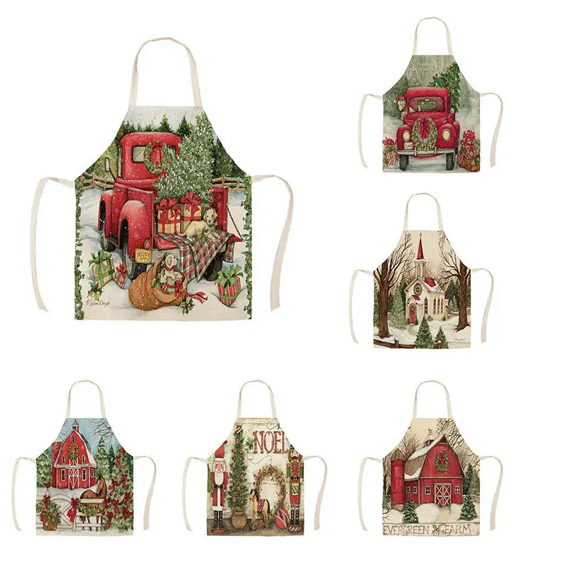1Pcs Kitchen Apron red truck christmas wish tree Printed Sleeveless Cotton Linen Aprons for Men Women Home Cleaning Tools
