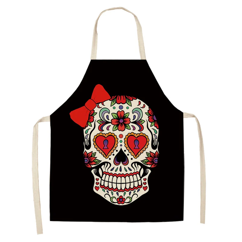 1Pcs Skull Pattern Kitchen Apron for Cooking Sleeveless Cotton Linen Aprons Adult Bibs Home Cleaning Accessories
