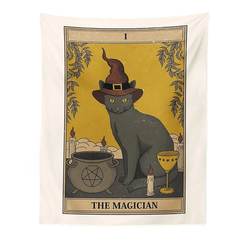 Cat Divination Witchcraft Tarot Card Tapestry Wall Hanging Tapestries Baphomet Occult Home Wall Moon phase Mat Decor Cat Coven
