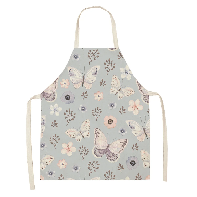 1PC Cotton Baking Waist Bib Linen Flower Butterfly Printed Kitchen Sleeveless Chef Apron Women Home Cooking Pinafore