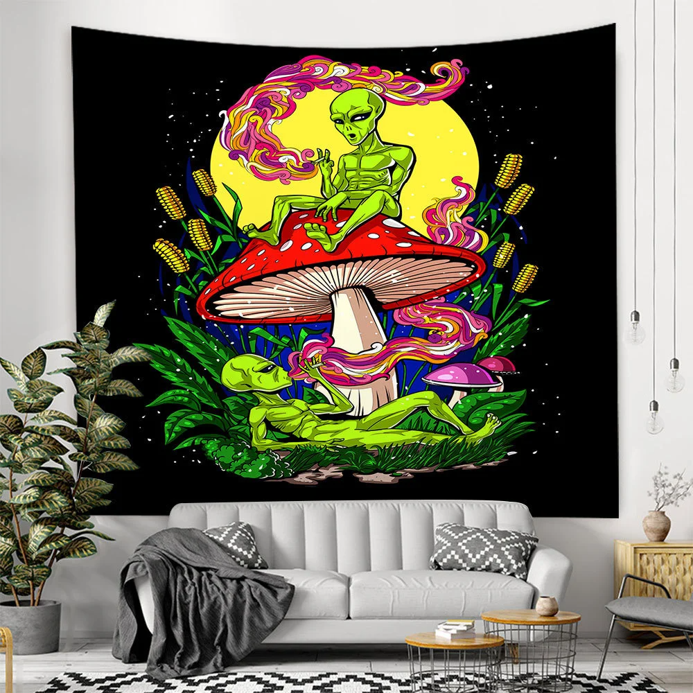 Alien Black Tapestry Cartoon Illustration Hippie Art Mushroom Eye Wall Hanging Tapestries for Living Room Home Dorm Decor Cloth
