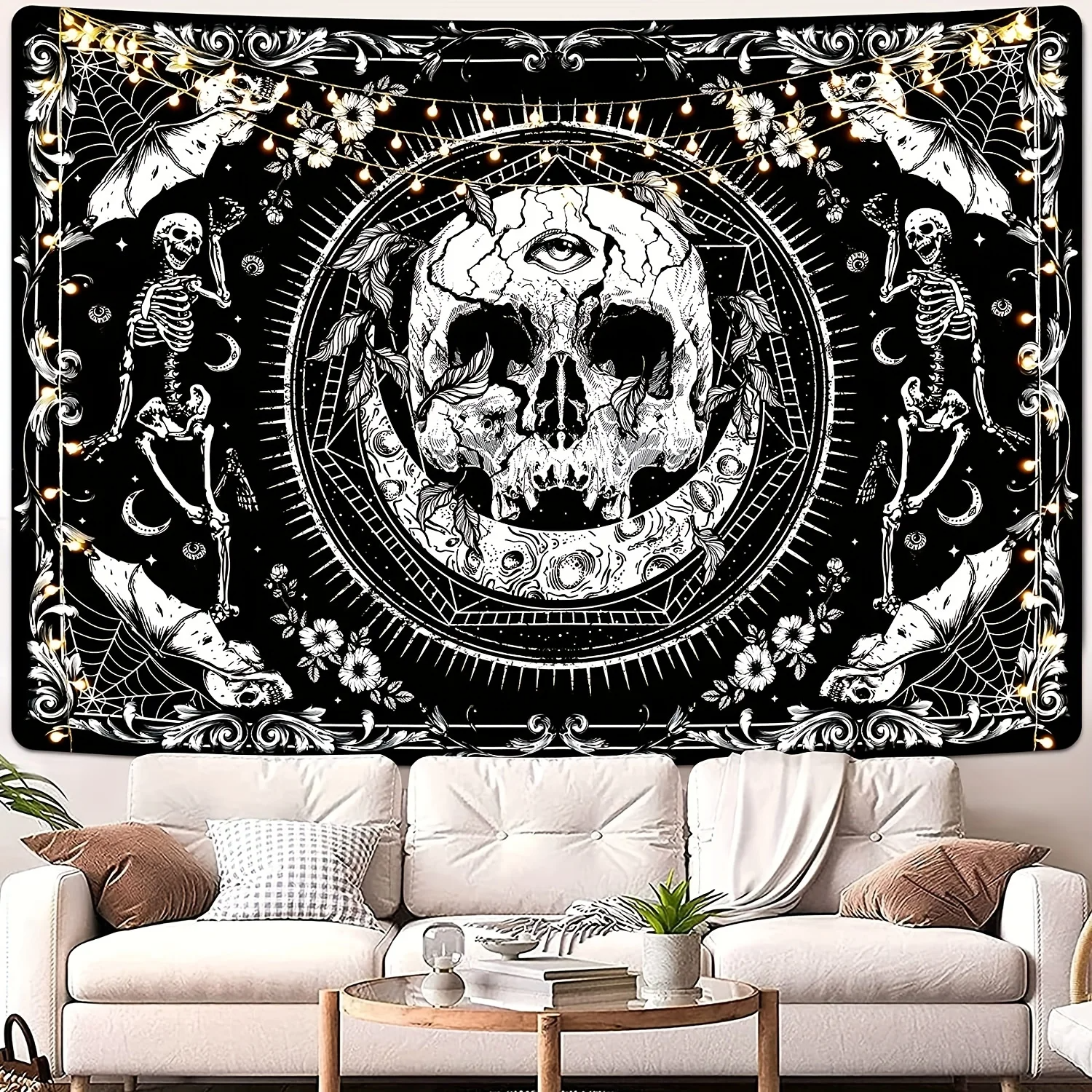 1pc Boho Skull Print Tapestry, Wall Hanging Peach Skin Tapestry For Living Room Bedroom Dorm Room Decor Home Decor