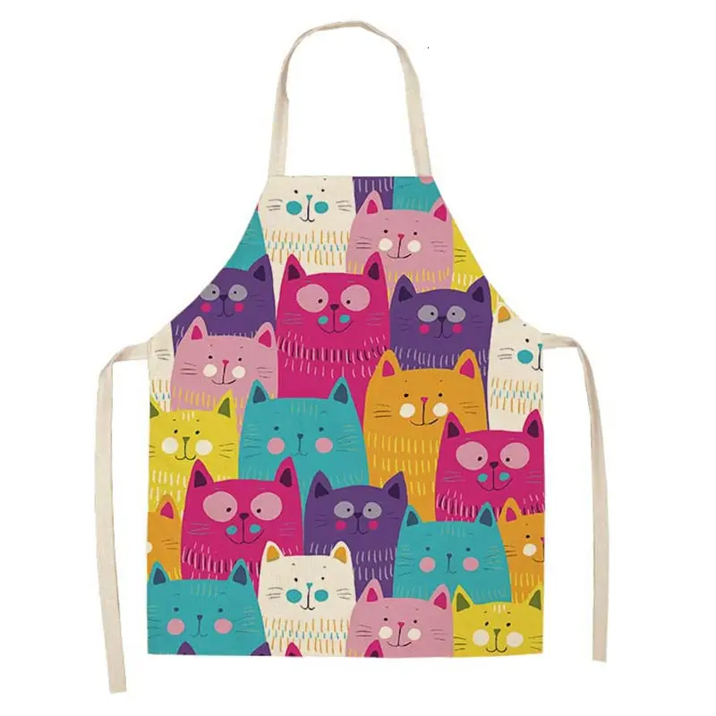 Lovely Cartoon Cats Kitchen Aprons for Women Cotton Linen Bibs Household Cleaning Pinafore Home Cooking Apron