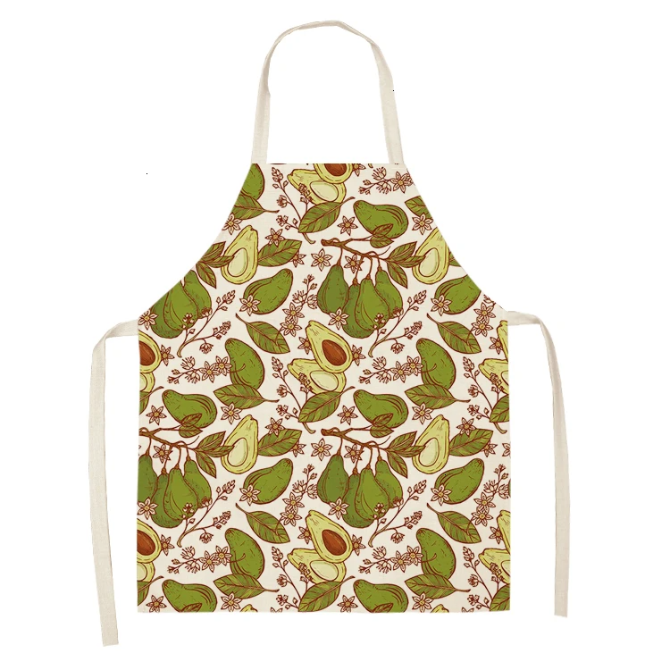 1PC Cotton Linen Apron Avocado Printed Kitchen Women Baking Waist Bib Home Cooking Brief Sleeveless Pinafore