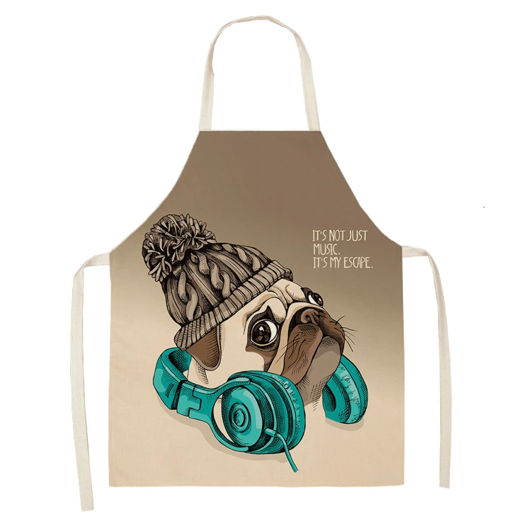 Cute Dog Pug Pattern Cotton Linen Sleeveless Chef Apron Kitchen Aprons Women Home Cooking Baking Waist Bib Pinafore