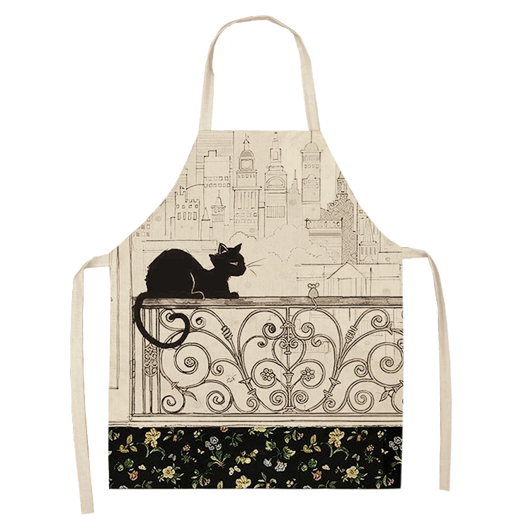 Black White Cat Letter Kitchen Aprons For Women Cotton Linen Bibs Household Cleaning Pinafore Home Cooking Apron 55x68cm
