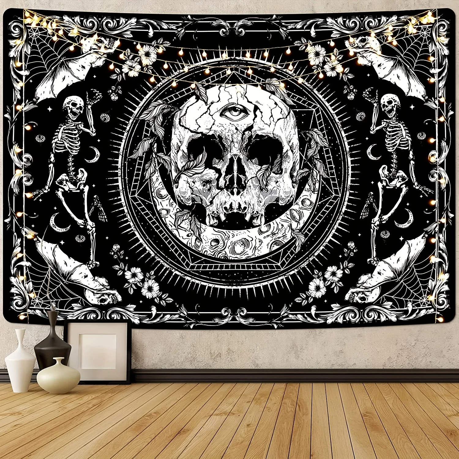 1pc Boho Skull Print Tapestry, Wall Hanging Peach Skin Tapestry For Living Room Bedroom Dorm Room Decor Home Decor