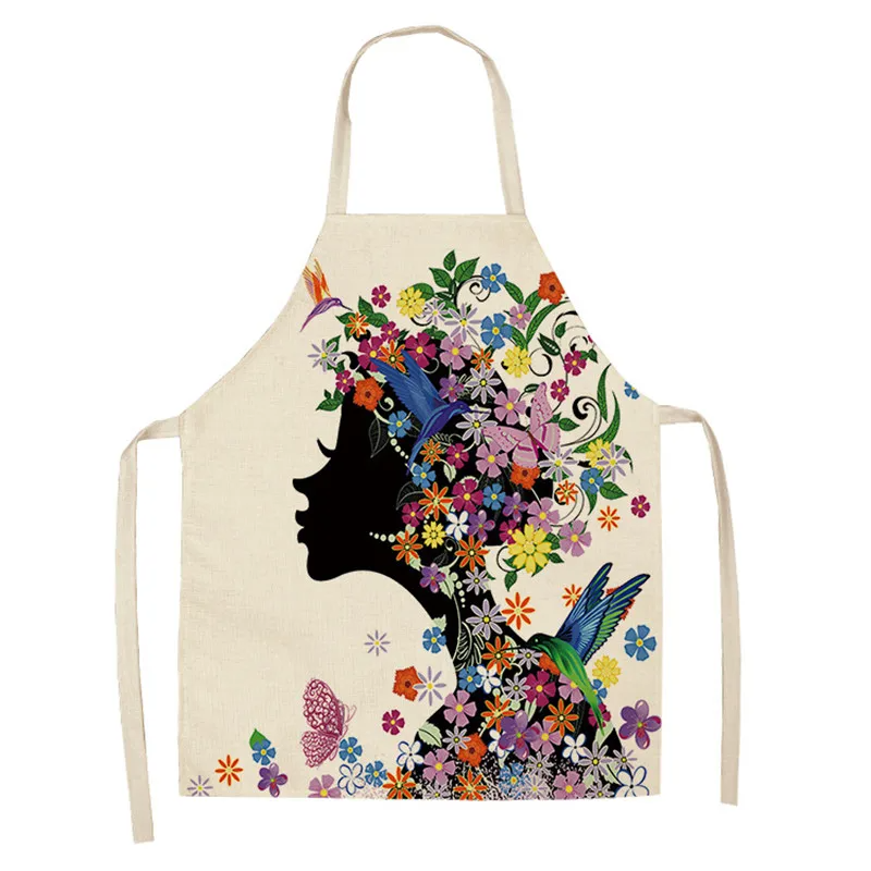 1Pc Cotton Linen Flower Butterfly Girl Printed Kitchen Aprons for Women Home Cooking Baking Waist Bib Pinafore