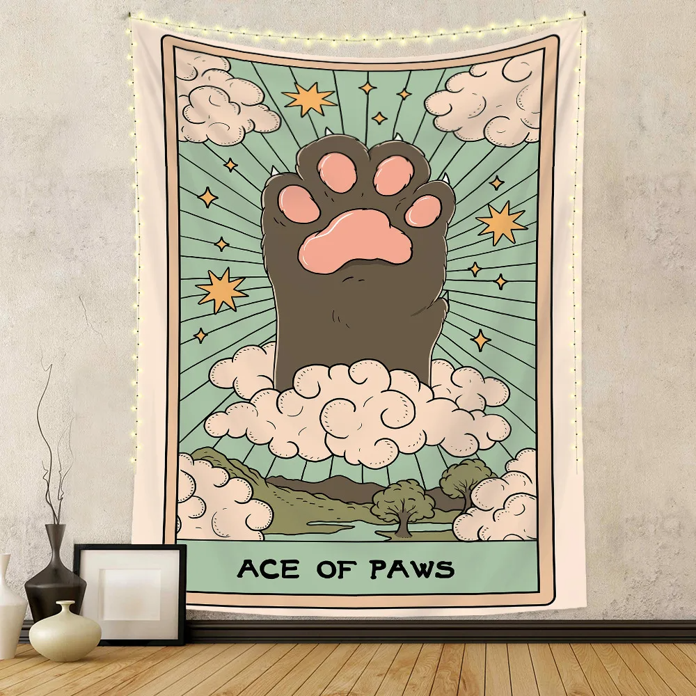 Kawaii Tarot Cat Cute Wall Hanging Tapestry Decorative Cat Paws Tarot Art Blanket Curtain Hanging Home Bedroom Living Room Decor