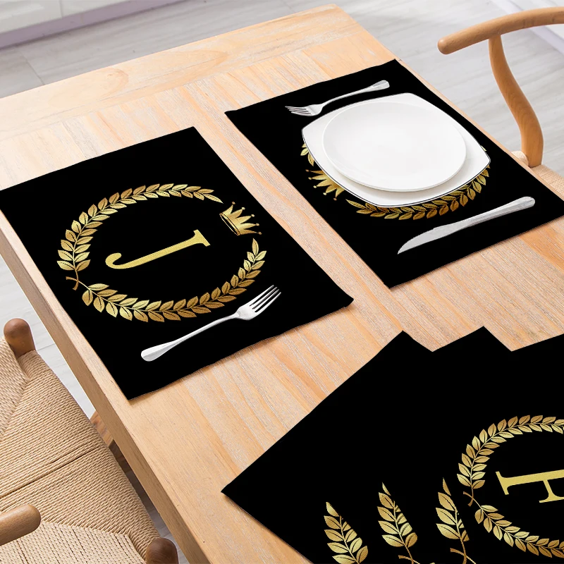 Home Decor Black Gold Letter Printing Linen Placemat for Dining Table Drink Coaster Home Decoration Modern Kitchen Cup Pads