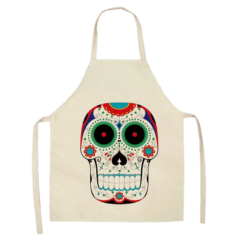 1Pcs Skull Pattern Kitchen Apron for Cooking Sleeveless Cotton Linen Aprons Adult Bibs Home Cleaning Accessories