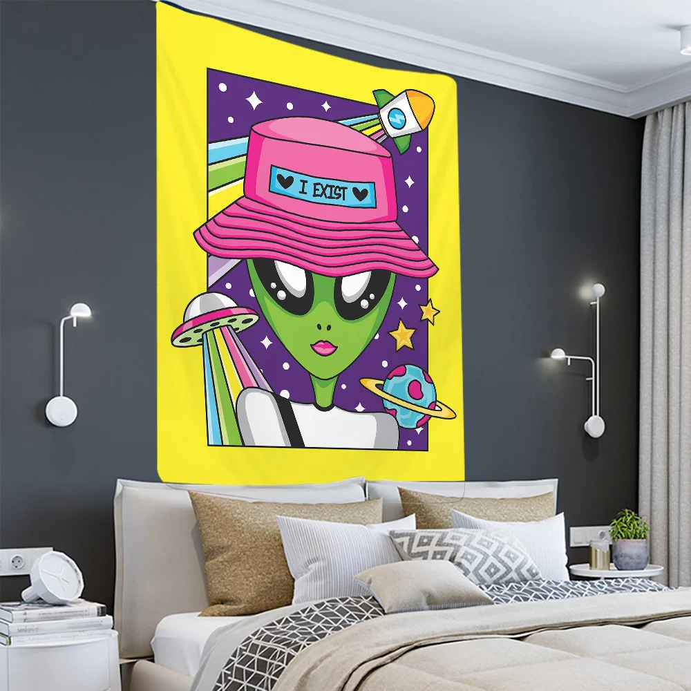 Alien Black Tapestry Cartoon Illustration Hippie Art Mushroom Eye Wall Hanging Tapestries for Living Room Home Dorm Decor Cloth