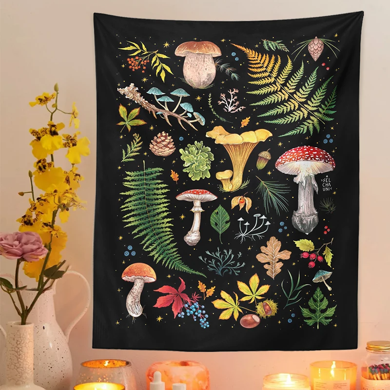Mushroom Tapestry Botanical Wall Hanging Mushroom Chart Boho Vertical Aesthetic Tapestries for Bedroom Living Room Decor